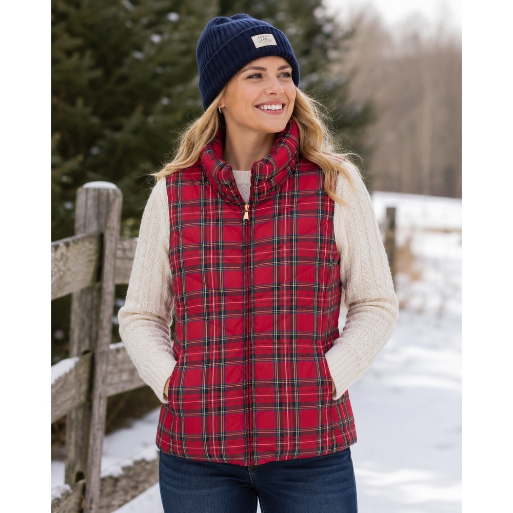 Talbots Puffer Vest Women XL Red Plaid Quilted Down Fill Full Zip Preppy Festive